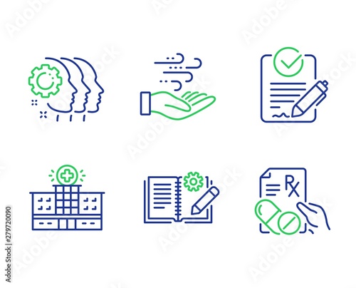 Employees teamwork, Hospital building and Rfp line icons set. Wind energy, Engineering documentation and Prescription drugs signs. Collaboration, Medical help, Request for proposal. Vector