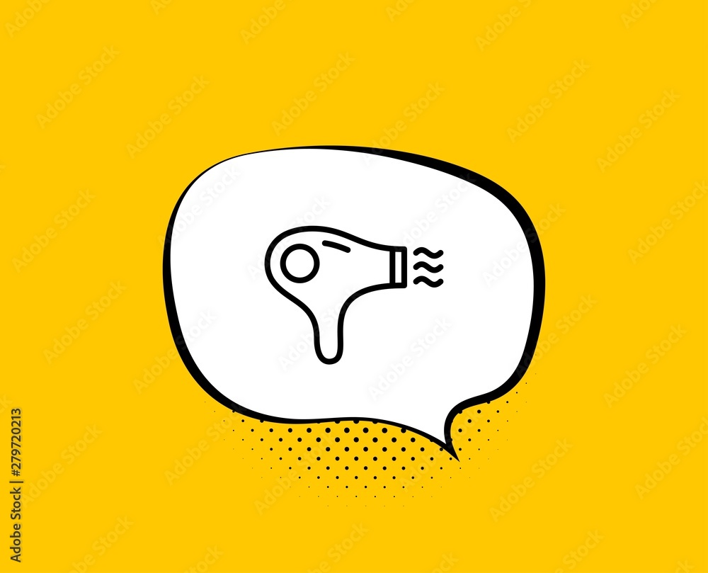 Hair dryer line icon. Comic speech bubble. Hairdryer sign. Hotel service symbol. Yellow background with chat bubble. Hair dryer icon. Colorful banner. Vector Hair dryer line icon. Comic speech bubble. Hairdryer sign. Hotel service symbol. Yellow background with chat bubble. Hair dryer icon. Colorful banner. Vector