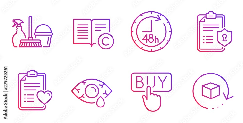 Buying, Privacy policy and Copyright line icons set. Household service, 48 hours and Patient history signs. Сonjunctivitis eye, Return package symbols. E-commerce shopping, Checklist. Vector Buying, Privacy policy and Copyright line icons set. Household service, 48 hours and Patient history signs. Сonjunctivitis eye, Return package symbols. E-commerce shopping, Checklist. Vector