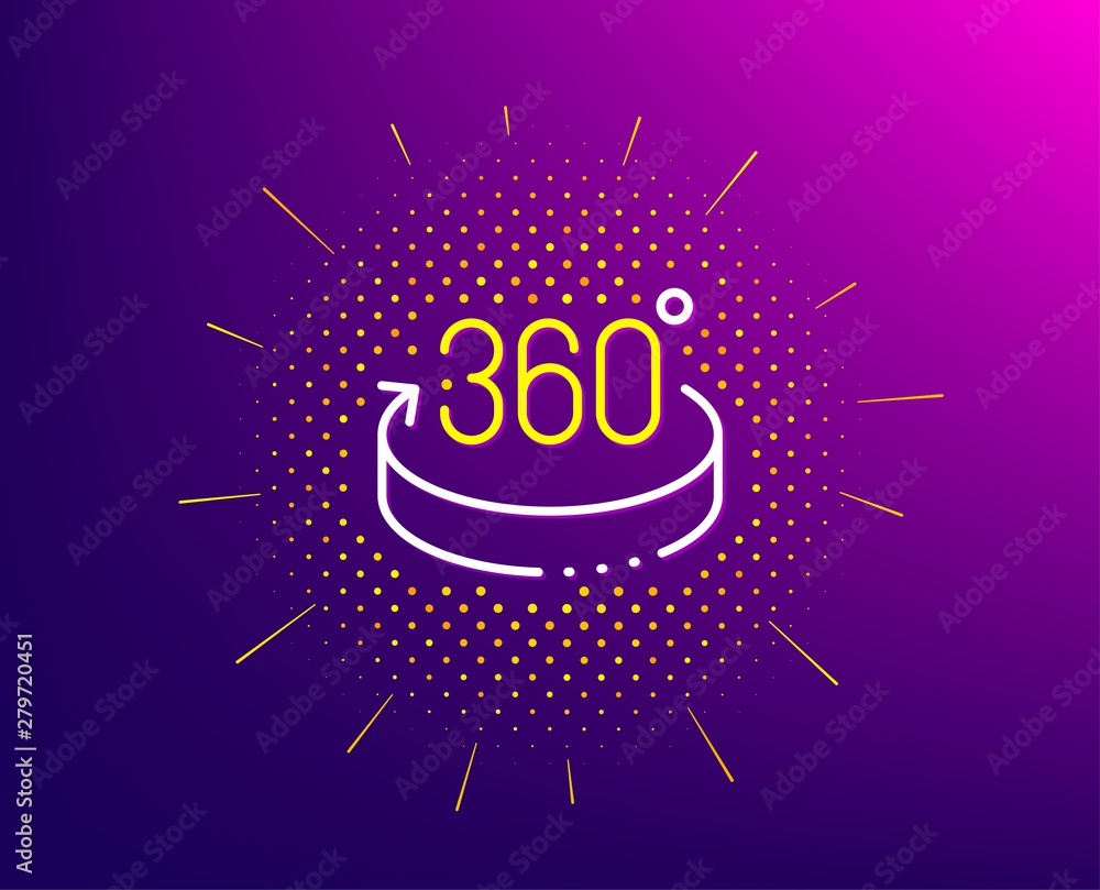 360 degrees line icon. Halftone pattern. VR simulation sign. Panoramic view symbol. Gradient background. 360 degrees line icon. Yellow halftone pattern. Vector 360 degrees line icon. Halftone pattern. VR simulation sign. Panoramic view symbol. Gradient background. 360 degrees line icon. Yellow halftone pattern. Vector