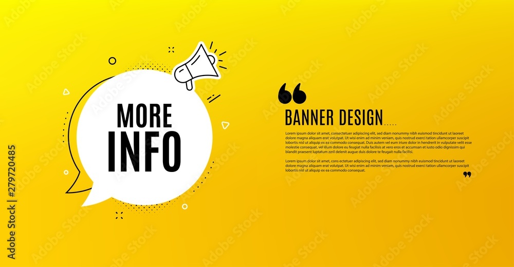 More info symbol. Yellow banner with chat bubble. Navigation sign. Read description. Coupon design. Flyer background. Hot offer banner template. Bubble with more info text. Vector - obrazy, fototapety, plakaty 