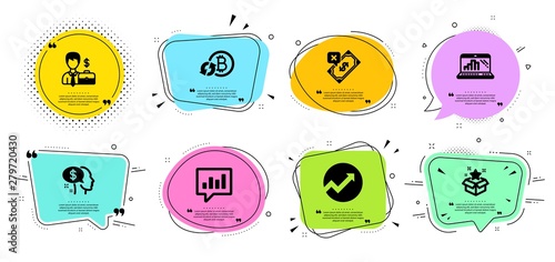 Refresh bitcoin, Pay and Rejected payment line icons set. Chat bubbles with quotes. Analytical chat, Loyalty program and Audit signs. Graph laptop, Businessman case symbols. Vector