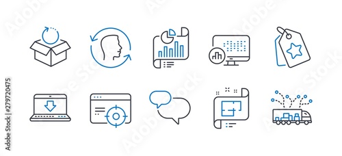 Set of Technology icons, such as Internet downloading, Face id, Architectural plan, Loyalty tags, Report document, Return package, Chat message, Report statistics, Seo targeting. Vector
