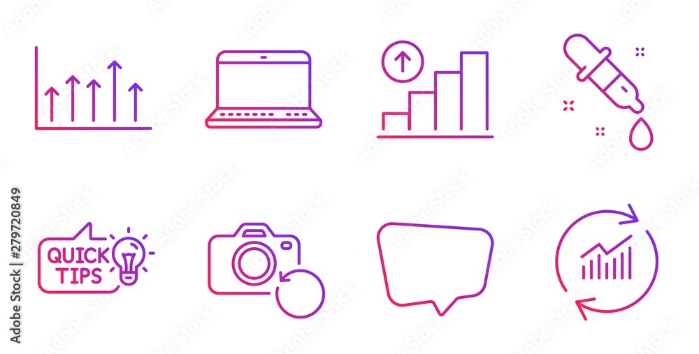 Chat message, Graph chart and Chemistry pipette line icons set. Growth chart, Notebook and Education idea signs. Recovery photo, Update data symbols. Speech bubble, Growth report. Vector Chat message, Graph chart and Chemistry pipette line icons set. Growth chart, Notebook and Education idea signs. Recovery photo, Update data symbols. Speech bubble, Growth report. Vector