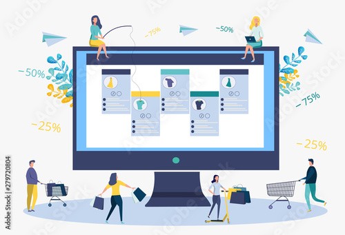 Business development strategy. Discounts on services, installment. Attracting customers, buyers. Online store. People catch things on the bait. Metaphor. Colorful Vector Illustration
