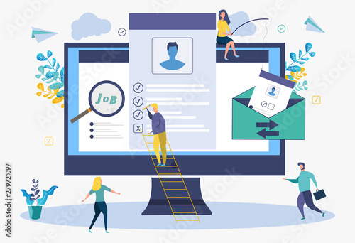 People fill out a resume form. Online application. Job search. Colorful vector illustration. Metaphor of success in work