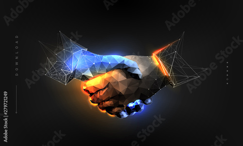 Handshake. Abstract illustration isolated on black background. Polygonal wireframe composition. Gesture hands. Development symbol. Plexus lines and points in silhouette.