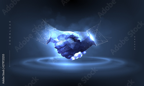Two hands. Handshake. Abstract illustration isolated on dark background. Polygonal wireframe composition. Gesture hands. Development symbol. Plexus lines and points in silhouette.