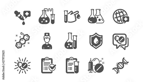 Medical healthcare, doctor icons. Drug testing, scientific discovery and disease prevention icons. Chemical formula, chemistry testing lab. Classic set. Quality set. Vector