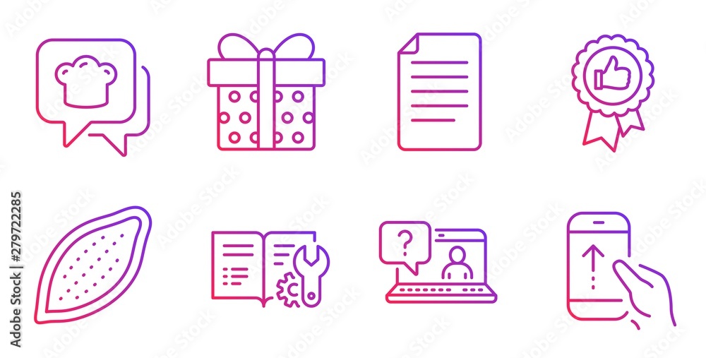 Positive feedback, File and Gift box line icons set. Cooking hat, Faq and Engineering documentation signs. Cocoa nut, Swipe up symbols. Award medal, Paper page. Gradient positive feedback icon. Vector Positive feedback, File and Gift box line icons set. Cooking hat, Faq and Engineering documentation signs. Cocoa nut, Swipe up symbols. Award medal, Paper page. Gradient positive feedback icon. Vector