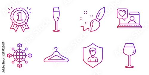 Friends chat, Paint brush and Reward line icons set. Champagne glass, Security agency and Logistics network signs. Cloakroom, Bordeaux glass symbols. Love, Creativity. Business set. Vector