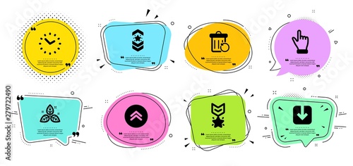 Winner medal, Fair trade and Shoulder strap line icons set. Chat bubbles with quotes. Recovery trash, Time and Click hand signs. Swipe up, Load document symbols. Ranking star, Leaf. Vector