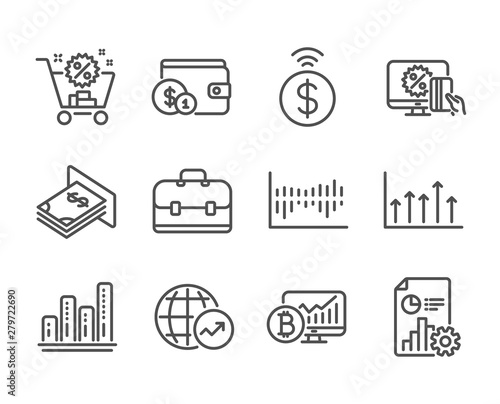 Set of Finance icons, such as Report, Online shopping, Portfolio, Bitcoin chart, Shopping cart, Graph chart, Buying accessory, Contactless payment, World statistics, Atm money line icons. Vector