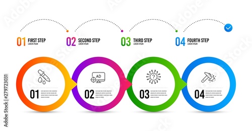 Question mark, Chemistry pipette and Seo adblock line icons set. Timeline infographic. Hammer blow sign. Quiz chat, Laboratory, Search engine. Crash tool. Technology set. Question mark icon. Vector