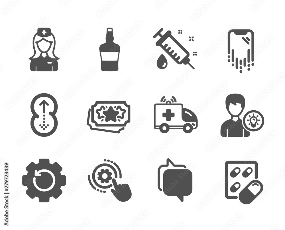 Set of Business icons, such as Capsule pill, Ambulance car, Hospital nurse, Recovery gear, Loyalty points, Messenger, Scotch bottle, Person idea, Smartphone recovery, Cogwheel settings. Vector Set of Business icons, such as Capsule pill, Ambulance car, Hospital nurse, Recovery gear, Loyalty points, Messenger, Scotch bottle, Person idea, Smartphone recovery, Cogwheel settings. Vector