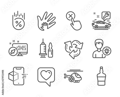 Set of Business icons, such as Person idea, Recycle, Medical vaccination, Car service, Loan percent, Augmented reality, Web system, Medical helicopter, Reject click, Scotch bottle, Heart. Vector