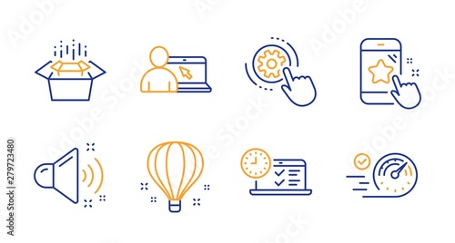 Star rating, Loud sound and Cogwheel settings line icons set. Online education, Packing boxes and Air balloon signs. Online test, Speedometer symbols. Phone feedback, Music. Technology set. Vector