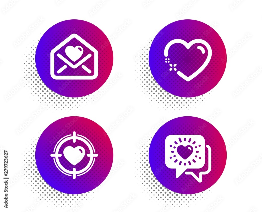 Heart, Love letter and Valentine target icons simple set. Halftone dots button. Friends chat sign. Love, Heart, Friendship. Love set. Classic flat heart icon. Vector