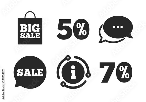 50% and 70% percent discount symbols. Chat, info sign. Sale speech bubble icon. Big sale shopping bag sign. Classic style speech bubble icon. Vector