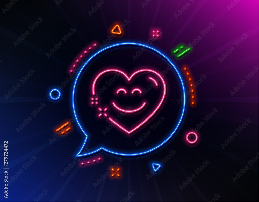 Smile chat line icon. Neon laser lights. Happy emoticon sign. Heart speech bubble symbol. Glow laser speech bubble. Neon lights chat bubble. Banner badge with smile chat icon. Vector Smile chat line icon. Neon laser lights. Happy emoticon sign. Heart speech bubble symbol. Glow laser speech bubble. Neon lights chat bubble. Banner badge with smile chat icon. Vector