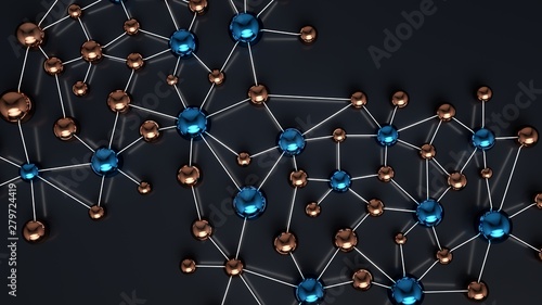 Network of interconnected units. Metallic spheres joined by light. 3D Illustration.