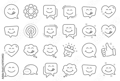 Yummy smile line icons. Emoticon speech bubble, social media message, smile with tongue. Tasty food eating emoji face icons. Delicious yummy speech bubble, happy emoticon. Line signs set. Vector