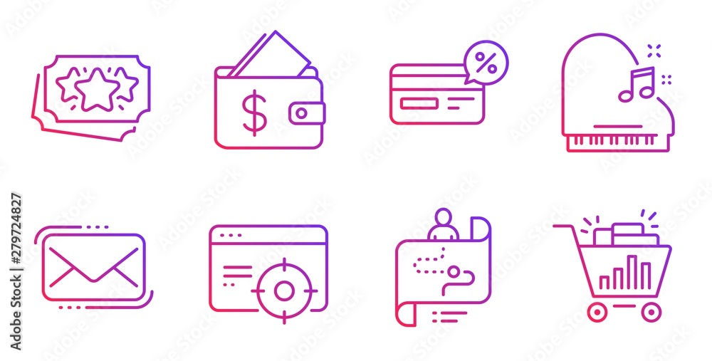 Journey path, Piano and Wallet line icons set. Cashback, Seo targeting and Loyalty points signs. Messenger mail, Seo shopping symbols. Project process, Fortepiano. Business set. Vector Journey path, Piano and Wallet line icons set. Cashback, Seo targeting and Loyalty points signs. Messenger mail, Seo shopping symbols. Project process, Fortepiano. Business set. Vector