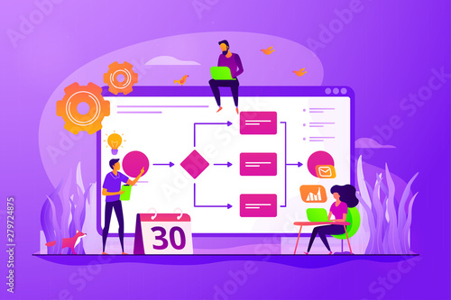 Teamwork, colleagues working on project. Startup launch. Business process management, business process visualization, IT business analysis concept. Vector isolated concept creative illustration