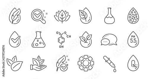 No artificial colors, organic leaf line icons. Dermatologically tested, Paraben chemical formula icons. Hypoallergenic tested, Neutral ph. Linear set. Quality line set. Vector