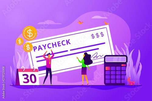 Money prize. Cash lottery winning. Salary payment. Calendar with payday. Tax free income. Paycheck cash, payroll tax deposit, payroll software concept. Vector isolated concept creative illustration