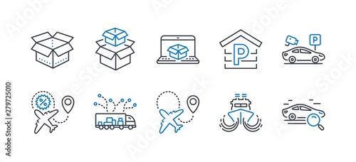 Set of Transportation icons, such as Flight sale, Airplane, Ship, Parking security, Online delivery, Truck delivery, Open box, Parking, Packing boxes, Search car line icons. Vector