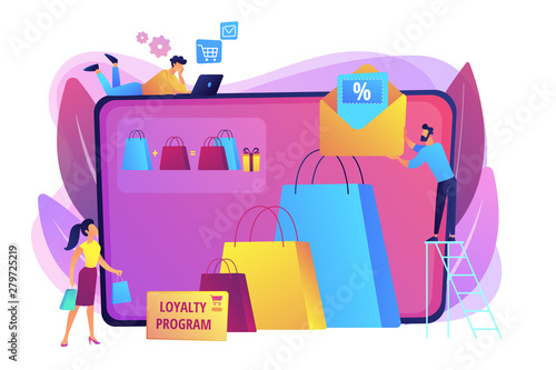 Shopping sale. Discount offer. Loyalty program. Customer attraction marketing. Sales promotion, creative retail promotion, boost your sales concept. Bright vibrant violet vector isolated illustration