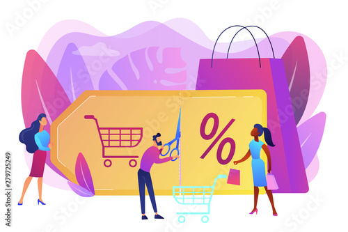 Customer attraction marketing. Shopping sale. Rewards scheme. Markdown program, promotional discount program, lowest price guarantee concept. Bright vibrant violet vector isolated illustration