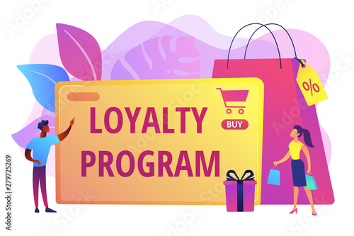 Rewards scheme for customers. Marketing strategy. Clients attraction. Loyalty program, personalized promotion, use your purchase history concept. Bright vibrant violet vector isolated illustration