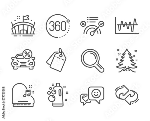 Set of Business icons, such as 360 degrees, Refresh, Research, Sale tags, Clean bubbles, Christmas tree, Piano, Smile, Car leasing, Stock analysis, Arena, Correct answer line icons. Vector