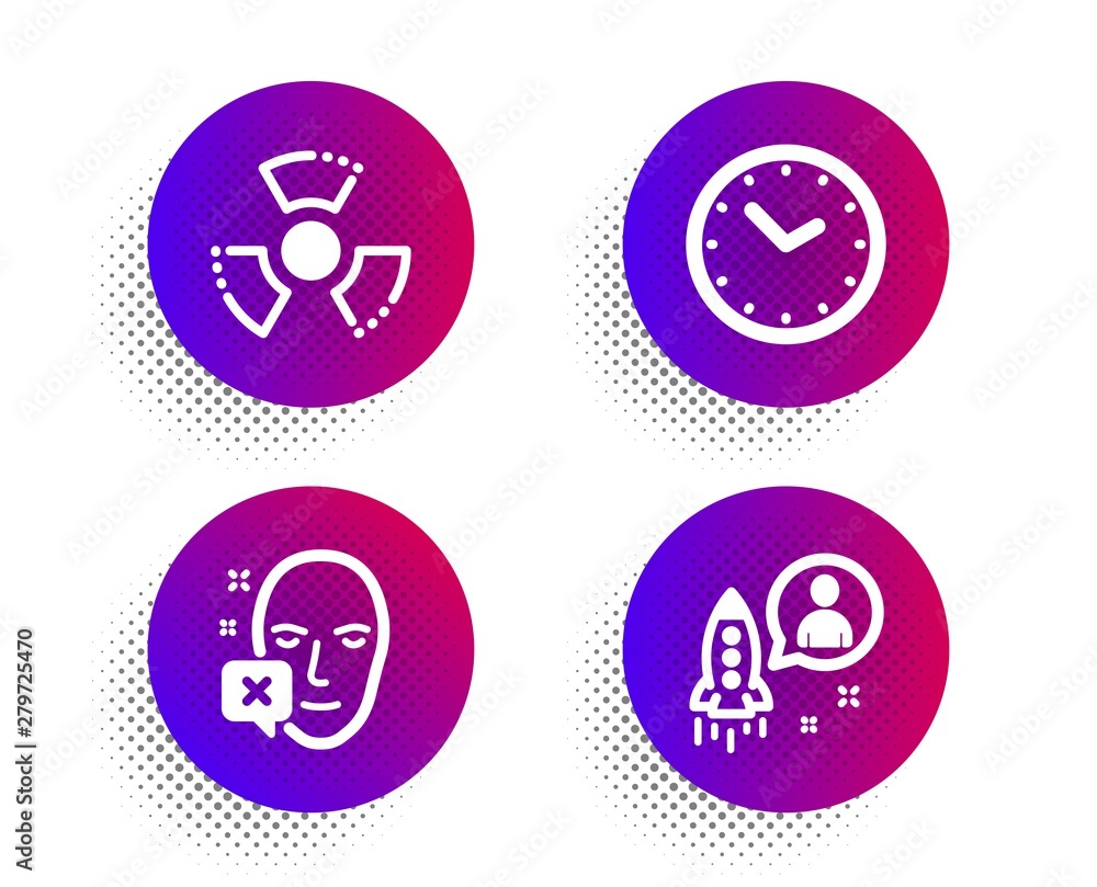 Face declined, Time and Chemical hazard icons simple set. Halftone dots button. Startup sign. Identification error, Clock, Toxic. Developer. Science set. Classic flat face declined icon. Vector