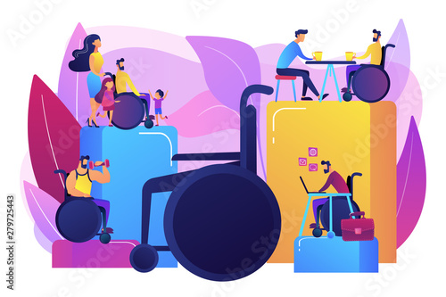 Social adjustment. People with special needs. Social adaptation of disabled people, social environment adaptation, social technologies concept. Bright vibrant violet vector isolated illustration