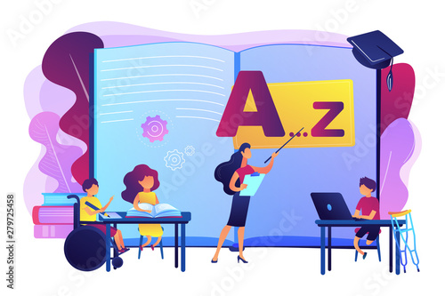 Disabled children studying in school. Learning program. Inclusive education, social and communicative competence, inclusive environment concept. Bright vibrant violet vector isolated illustration