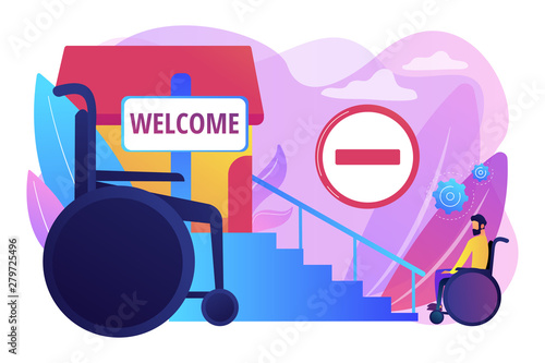 Structural obstacles. Prevent access, block mobility. Inaccessible environments, physical mobility barriers, problems of disabled people concept. Bright vibrant violet vector isolated illustration