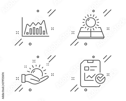 Sun energy, Infographic graph and Sunny weather line icons set. Report checklist sign. Solar panels, Line diagram, Hold sun. Sales growth file. Science set. Line sun energy outline icon. Vector