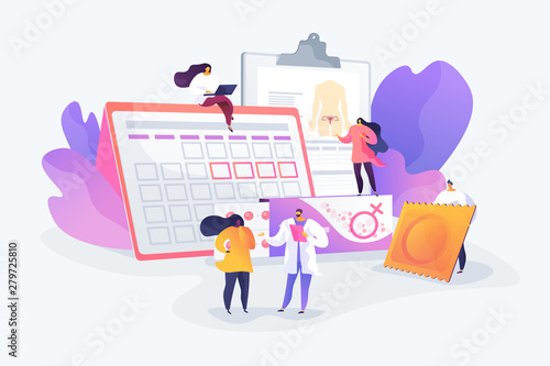 Venereal diseases, pregnancy prevention. Safe sexual behavior. Female contraceptives, oral hormonal contraception, birth fertility control concept. Vector isolated concept creative illustration