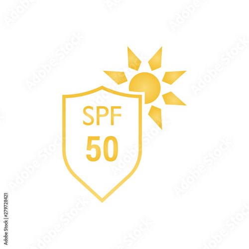 UV protection of SPF 50 vector icon. solar or sun ultraviolet radiation with shield symbol in flat style drawing