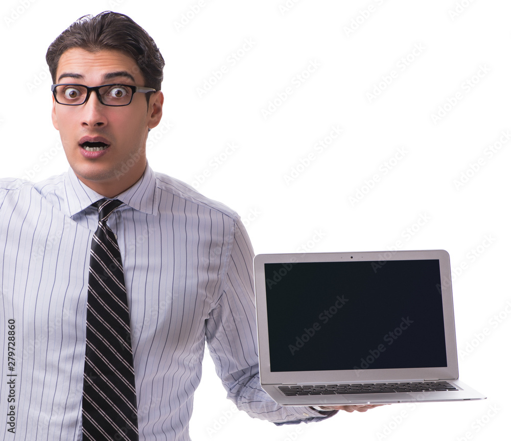 Young businessman with laptop isolated on white background Young businessman with laptop isolated on white background