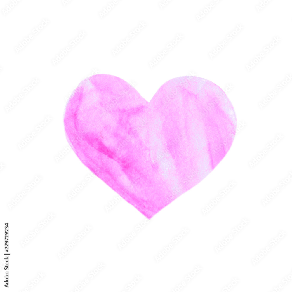 Pink watercolor heart isolated on white background. Gentle, romantic background for design of cards, invitations, etc