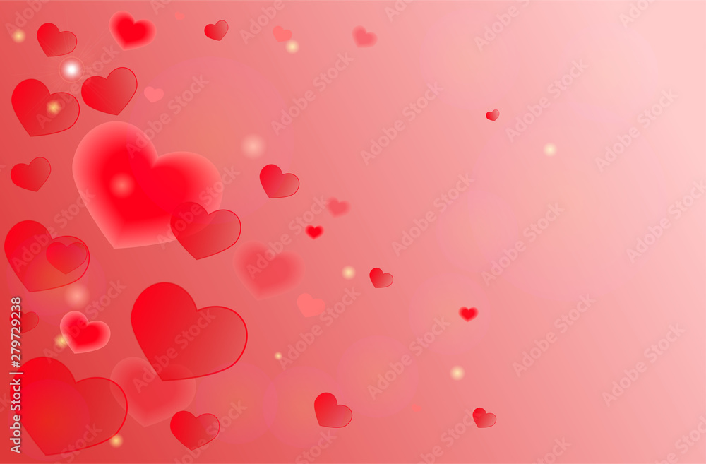 Red-pink background with hearts. Horizontal banner. Vector template.