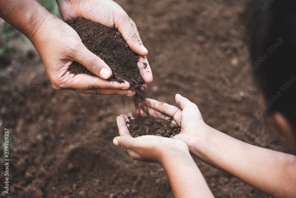 Child and parent holding soil and preparing soil for plant the tree together Child and parent holding soil and preparing soil for plant the tree together