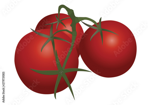 Three red tomatoes joined by a stem with leaves over a white background for easy selection and a stem in front of the group