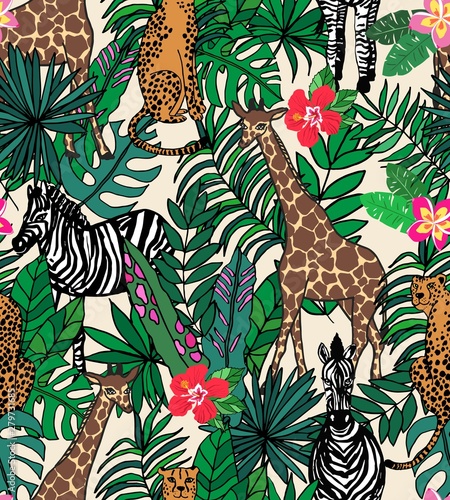 Seamless repeat pattern with cheetah or leopard, giraffe and zebra in tropical jungle leaves and flowers