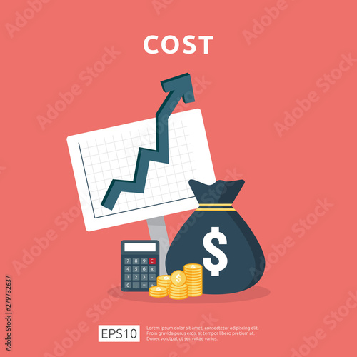 cost fee spending increase with arrow rising up growth diagram. business cash reduction concept. investment growth progress with calculator element in flat design vector illustration
