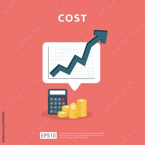cost fee spending increase with arrow rising up growth diagram. business cash reduction concept. investment growth progress with calculator element in flat design vector illustration